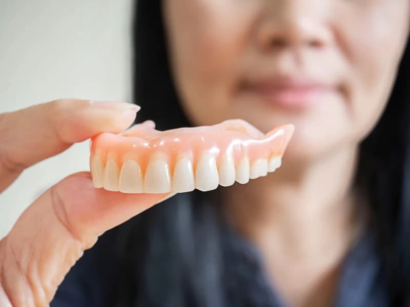Patient holding dentures while discussing implant options