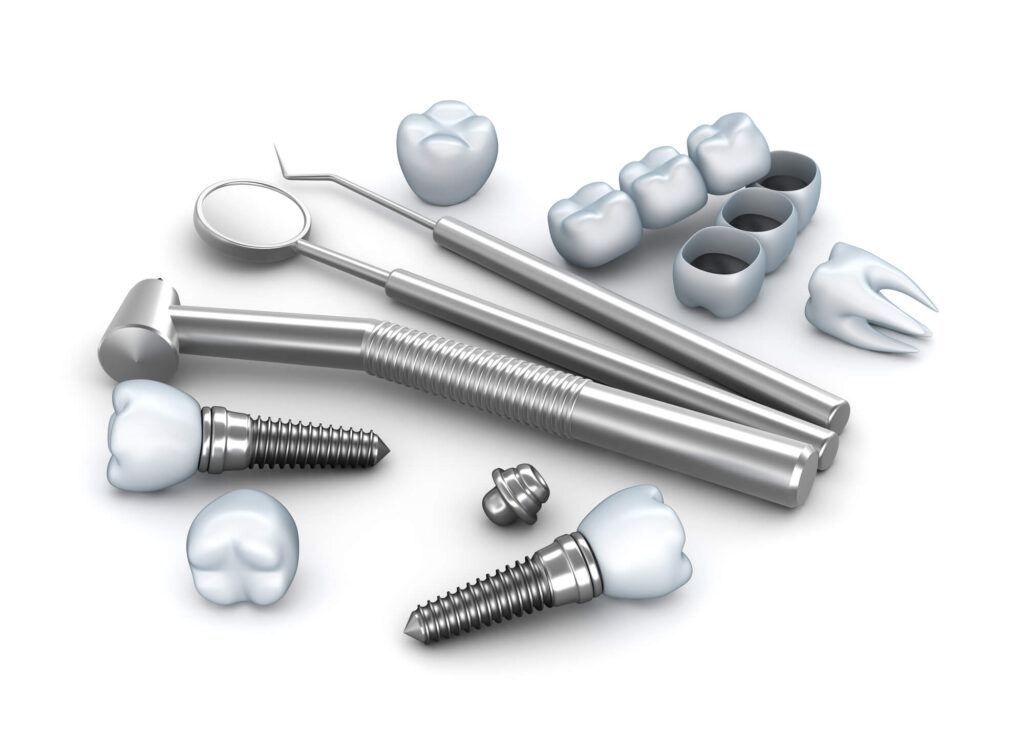 dental implants in san francisco scattered over white background alongside dental utensils